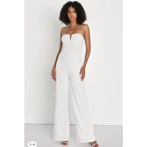 NWT Lulus Make Your Statement *Off White Strapless Cutout Wide-Leg Jumpsuit Sz L